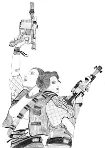 eine von Lujayne schön angefertigte Bleistiftzeichnung von zwei Leia's Rücken an Rücken mit Blaster in der Hand.